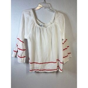 Grand & Greene Womens XL White Gauze Cotton Ric Rac Trim Bell Sleeve Blouse Top